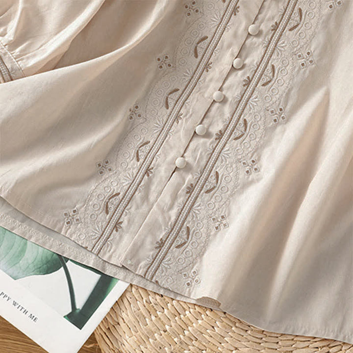 Buddha Stones Summer Vintage Geometric Embroidery Button-Up Solid Women's Short Sleeve Shirts - image 4