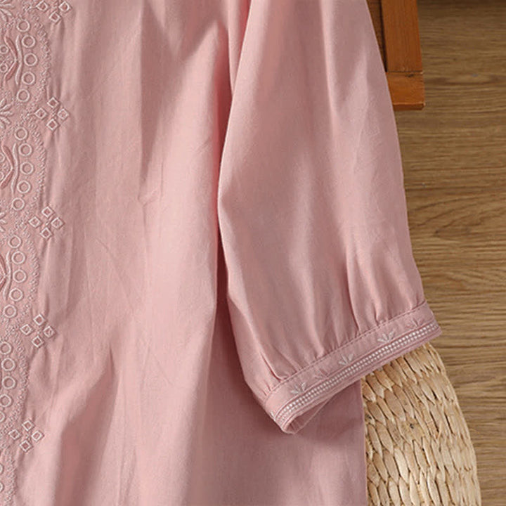 Buddha Stones Summer Vintage Geometric Embroidery Button-Up Solid Women's Short Sleeve Shirts - image 29