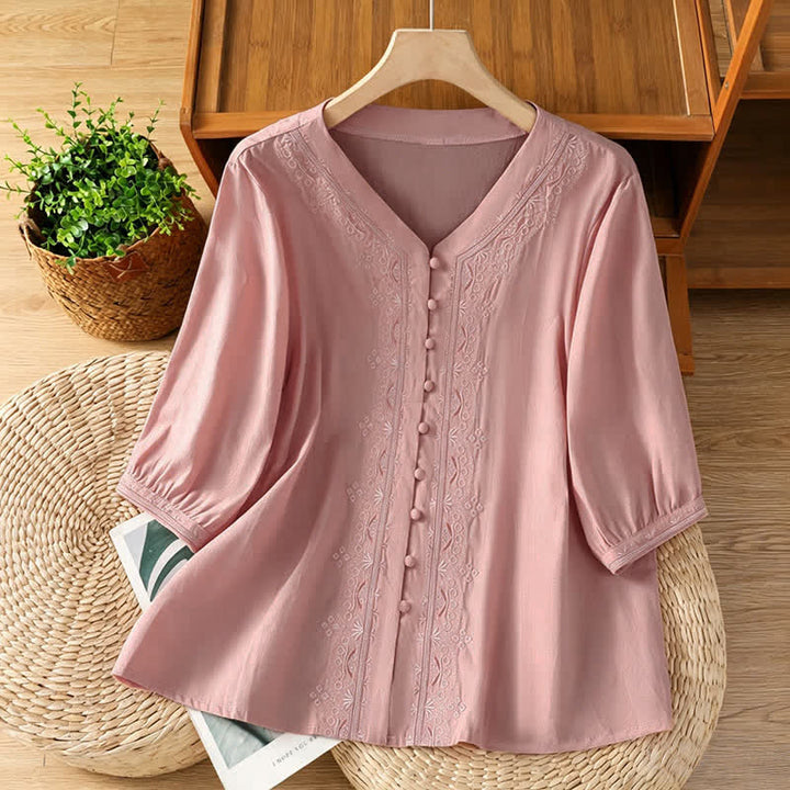 Buddha Stones Summer Vintage Geometric Embroidery Button-Up Solid Women's Short Sleeve Shirts - Pink - US8-10, UK/AU12-14, EU40-42 (2XL) - image 26