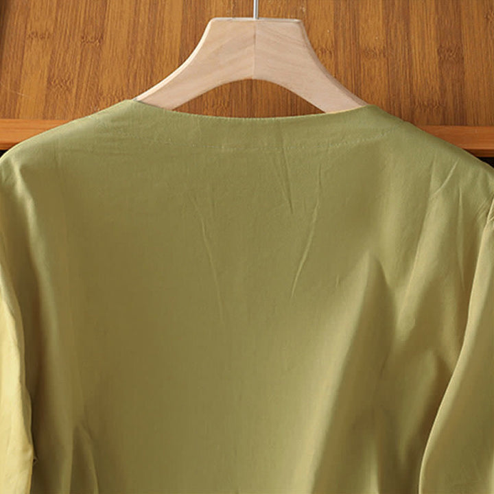 Buddha Stones Summer Vintage Geometric Embroidery Button-Up Solid Women's Short Sleeve Shirts - image 16