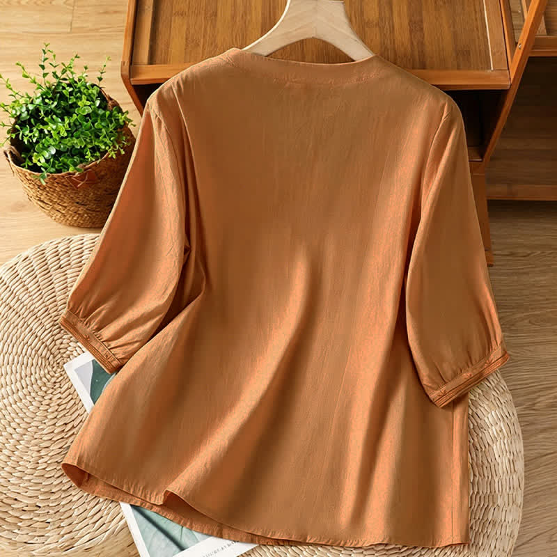 Buddha Stones Summer Vintage Geometric Embroidery Button-Up Solid Women's Short Sleeve Shirts - image 20