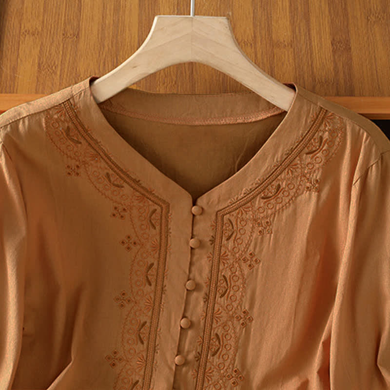 Buddha Stones Summer Vintage Geometric Embroidery Button-Up Solid Women's Short Sleeve Shirts - image 21