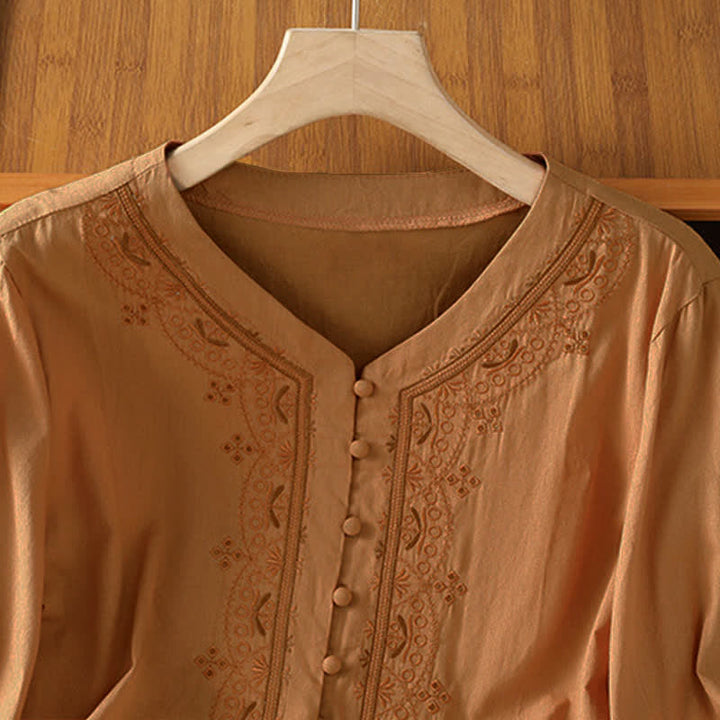 Buddha Stones Summer Vintage Geometric Embroidery Button-Up Solid Women's Short Sleeve Shirts - image 21
