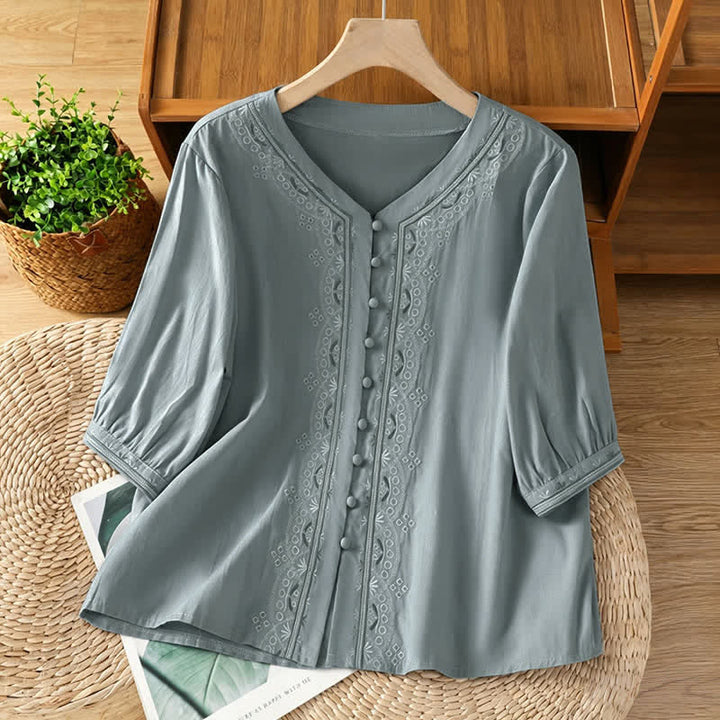 Buddha Stones Summer Vintage Geometric Embroidery Button-Up Solid Women's Short Sleeve Shirts - CadetBlue - US8-10, UK/AU12-14, EU40-42 (2XL) - image 5