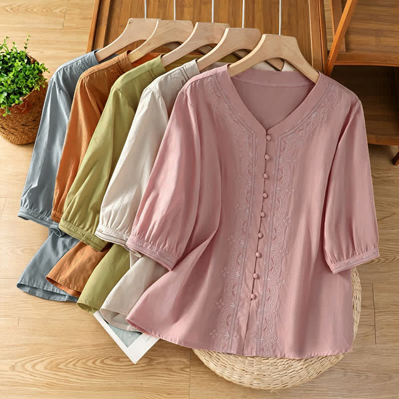 Buddha Stones Summer Vintage Geometric Embroidery Button-Up Solid Women's Short Sleeve Shirts - image 33
