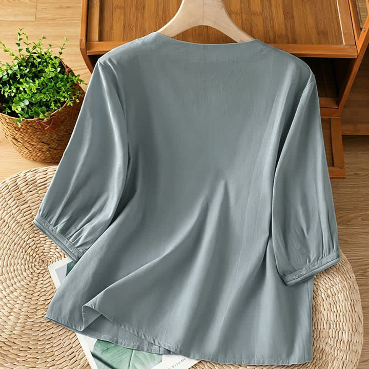 Buddha Stones Summer Vintage Geometric Embroidery Button-Up Solid Women's Short Sleeve Shirts - image 6