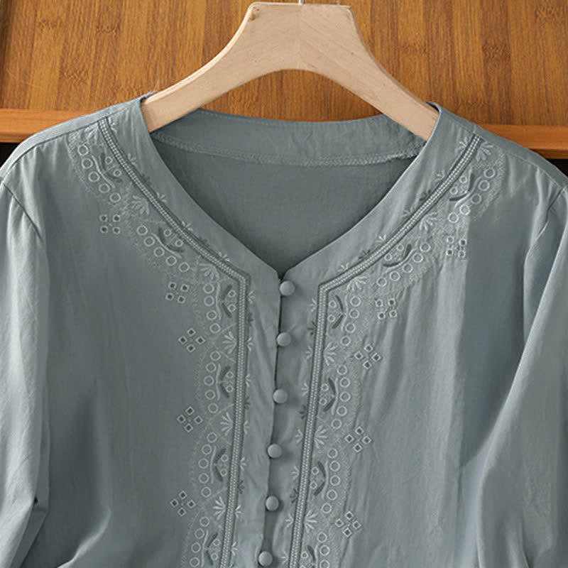 Buddha Stones Summer Vintage Geometric Embroidery Button-Up Solid Women's Short Sleeve Shirts - image 7
