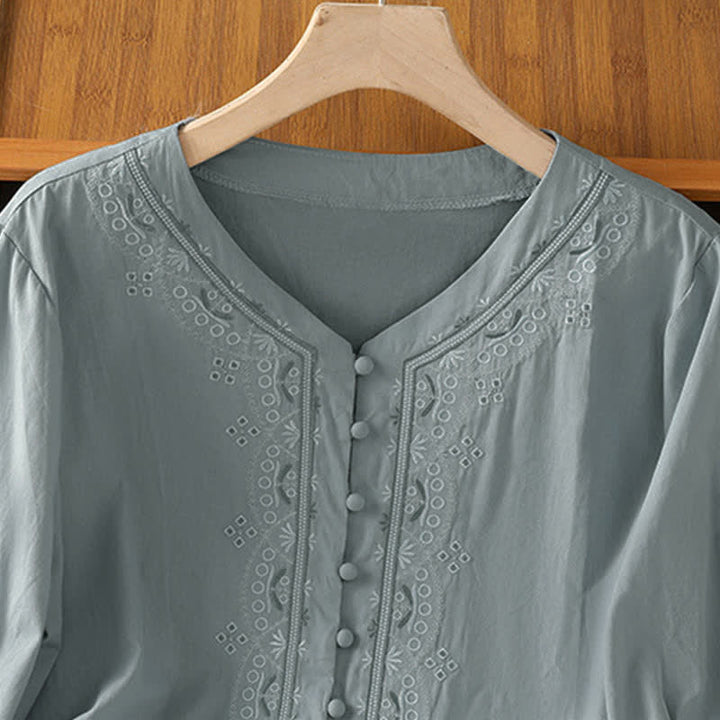 Buddha Stones Summer Vintage Geometric Embroidery Button-Up Solid Women's Short Sleeve Shirts - image 7