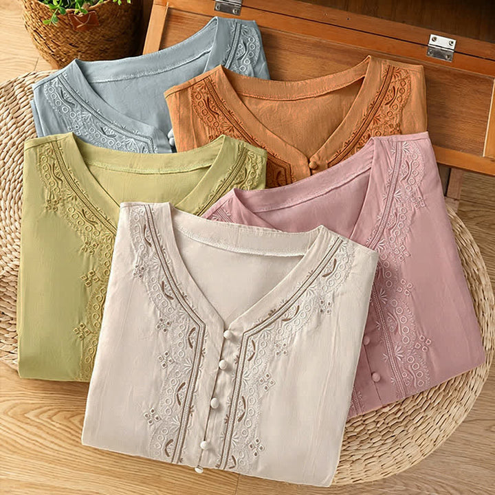 Buddha Stones Summer Vintage Geometric Embroidery Button-Up Solid Women's Short Sleeve Shirts - image 34