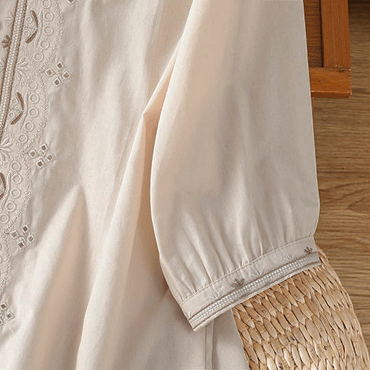 Buddha Stones Summer Vintage Geometric Embroidery Button-Up Solid Women's Short Sleeve Shirts - image 3