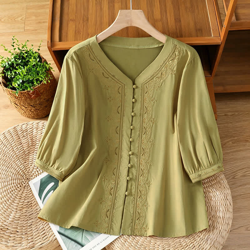Buddha Stones Summer Vintage Geometric Embroidery Button-Up Solid Women's Short Sleeve Shirts - YellowGreen - US8-10, UK/AU12-14, EU40-42 (2XL) - image 13