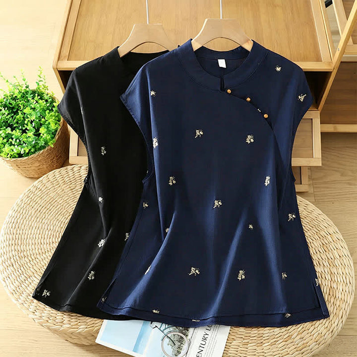 Buddha Stones Summer Vintage Tang Style Mandarin Collar Embroidery Small Floral Tank Top Women's Sleeveless Shirts - image 16