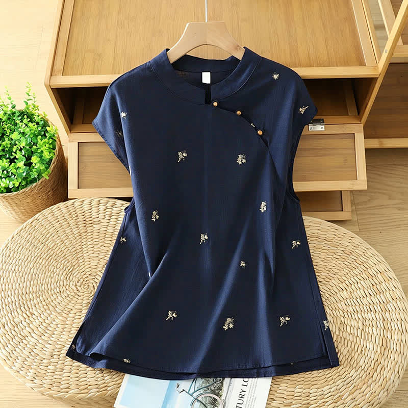 Buddha Stones Summer Vintage Tang Style Mandarin Collar Embroidery Small Floral Tank Top Women's Sleeveless Shirts - MidnightBlue - US12, UK/AU16, EU44 (2XL) - image 6