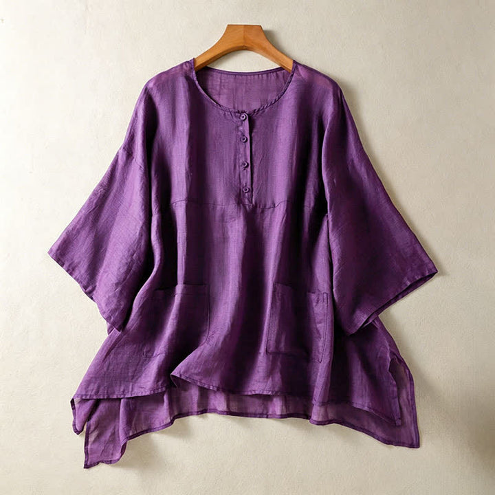 Buddha Stones Summer Casual Boho Patch Pocket Half Button Solid Bell Sleeve Women's Short Sleeve Shirts - RebeccaPurple - US14, UK/AU18, EU46 (2XL) - image 0