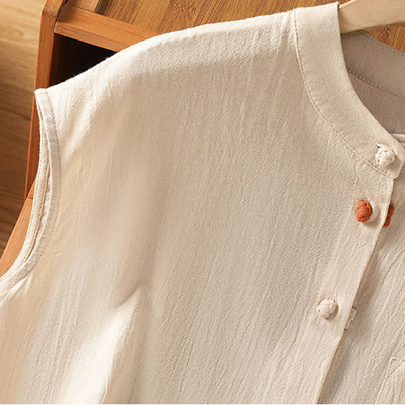 Buddha Stones Summer Tang Style Casual Mandarin Collar Button-Up Solid Patch Pocket Women's Sleeveless Shirts Tank Top - image 3