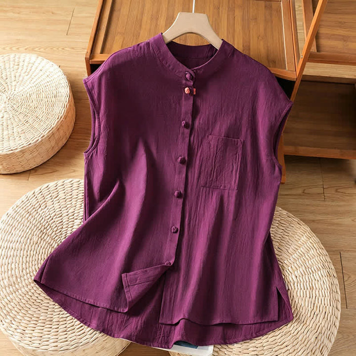 Buddha Stones Summer Tang Style Casual Mandarin Collar Button-Up Solid Patch Pocket Women's Sleeveless Shirts Tank Top - Purple - US12, UK/AU16, EU44 (2XL) - image 16
