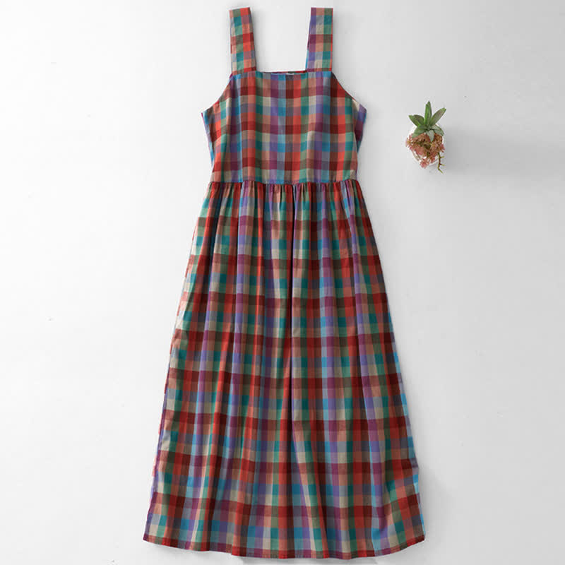 Buddha Stones Summer Casual Vintage Drawstring Rainbow Plaid Women's Summer Sleeveless Dress - Sienna - US8-10，UK/AU12-14，EU40-42 (2XL) - image 0