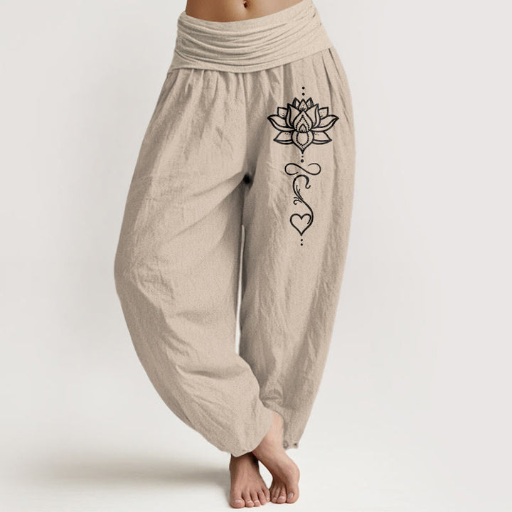 Buddha Stones Pure Cotton Lotus Heart Pattern Women's Elastic Waist Harem Pants - Tan - US16，UK/AU20，EU48 (3XL) - image 11