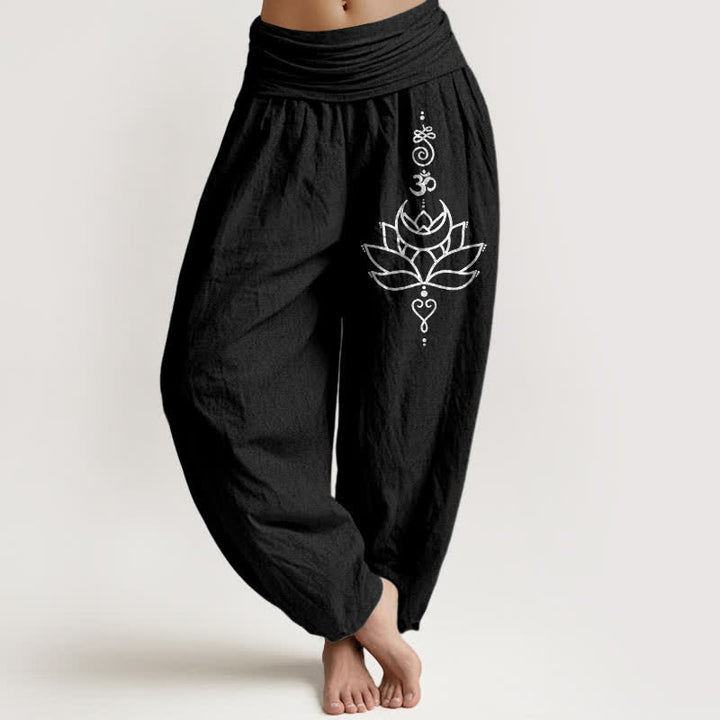Buddha Stones Pure Cotton Lotus Bloom Pattern Women's Elastic Waist Harem Pants - Black - US16，UK/AU20，EU48 (3XL) - image 5