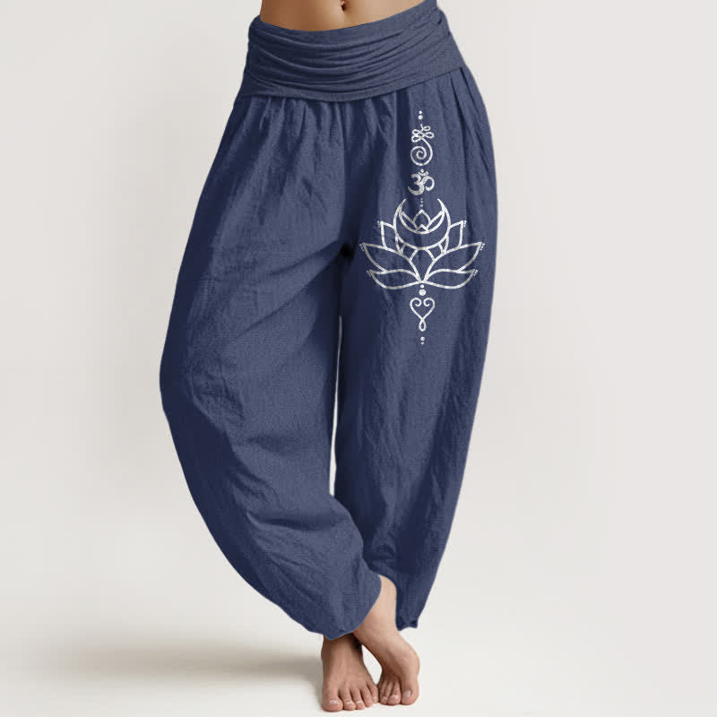 Buddha Stones Pure Cotton Lotus Bloom Pattern Women's Elastic Waist Harem Pants - DarkSlateBlue - US16，UK/AU20，EU48 (3XL) - image 0