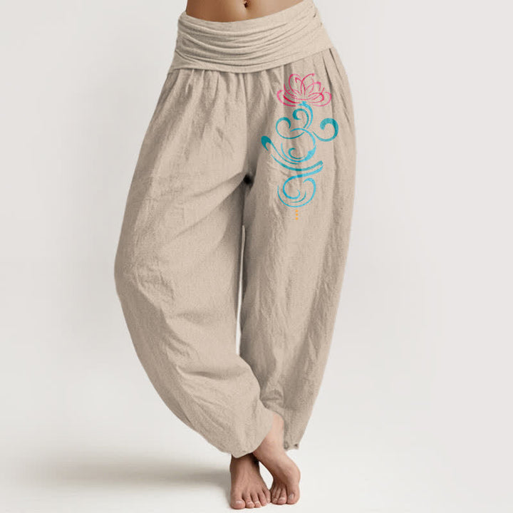 Buddha Stones Pure Cotton Deep Pink Lotus Blue Swirl Pattern Women's Elastic Waist Harem Pants - Tan - US16，UK/AU20，EU48 (3XL) - image 11