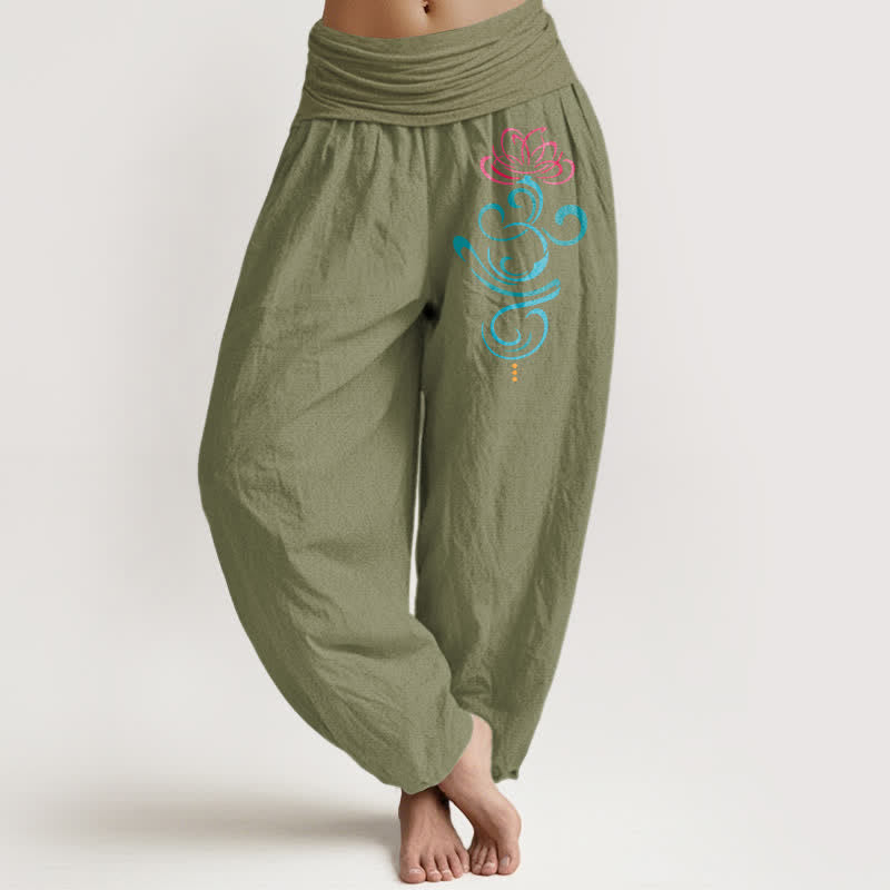 Buddha Stones Pure Cotton Deep Pink Lotus Blue Swirl Pattern Women's Elastic Waist Harem Pants - OliveDrab - US16，UK/AU20，EU48 (3XL) - image 14