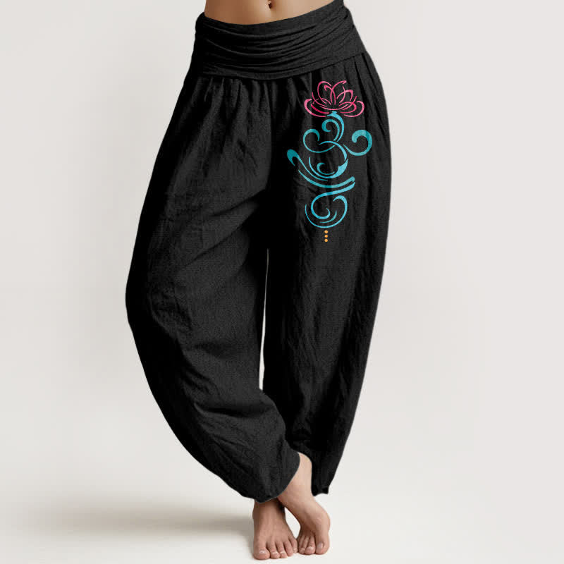 Buddha Stones Pure Cotton Deep Pink Lotus Blue Swirl Pattern Women's Elastic Waist Harem Pants - Black - US16，UK/AU20，EU48 (3XL) - image 0