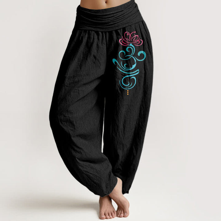 Buddha Stones Pure Cotton Deep Pink Lotus Blue Swirl Pattern Women's Elastic Waist Harem Pants - Black - US16，UK/AU20，EU48 (3XL) - image 0