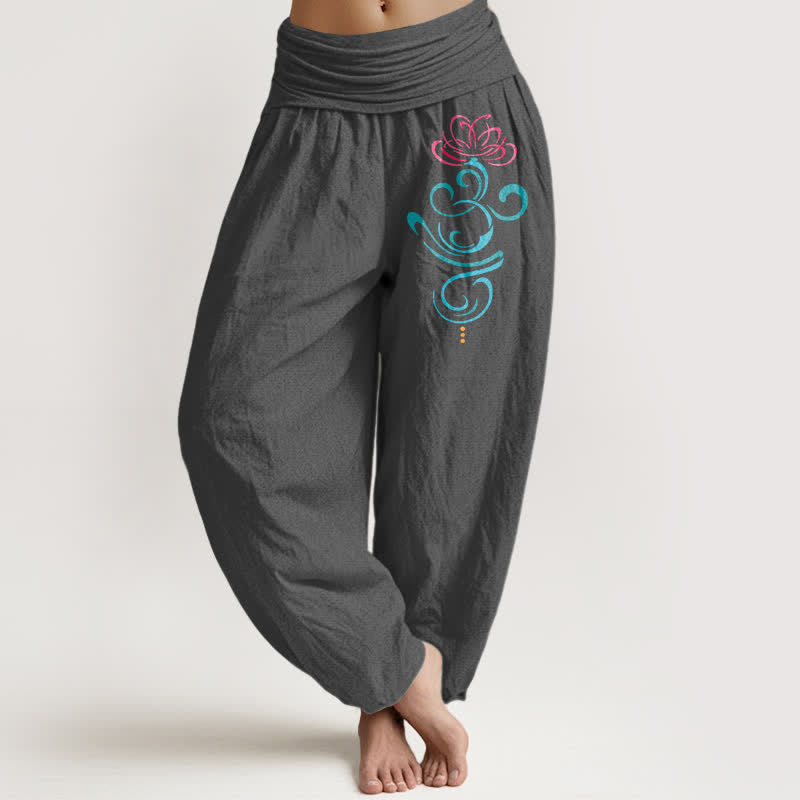 Buddha Stones Pure Cotton Deep Pink Lotus Blue Swirl Pattern Women's Elastic Waist Harem Pants - DimGray - US16，UK/AU20，EU48 (3XL) - image 8