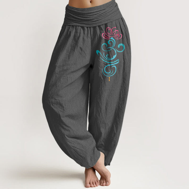 Buddha Stones Pure Cotton Deep Pink Lotus Blue Swirl Pattern Women's Elastic Waist Harem Pants - DimGray - US16，UK/AU20，EU48 (3XL) - image 8