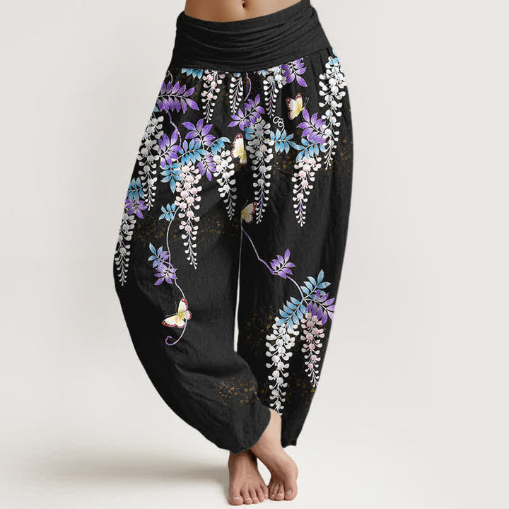 Buddha Stones Pure Cotton Wisteria Butterfly Pattern Women's Elastic Waist Harem Pants - Black - US16，UK/AU20，EU48 (3XL) - image 0