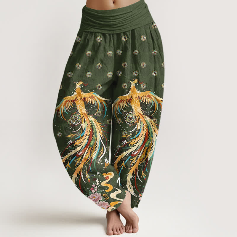 Buddha Stones Cotton Gold Phoenix Pattern Women's Elastic Waist Harem Pants - OliveDrab - US16，UK/AU20，EU48 (3XL) - image 8
