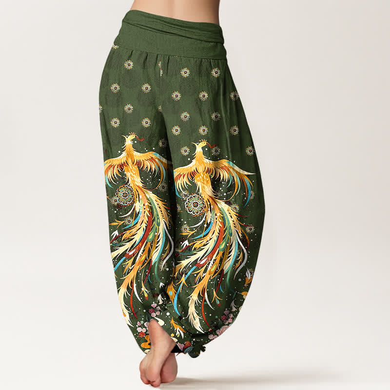 Buddha Stones Cotton Gold Phoenix Pattern Women's Elastic Waist Harem Pants - image 9