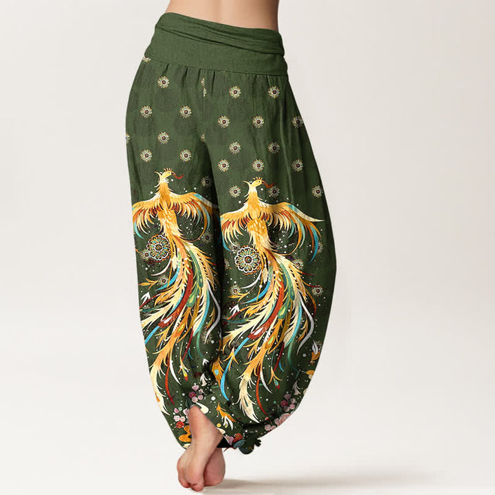 Buddha Stones Cotton Gold Phoenix Pattern Women's Elastic Waist Harem Pants - image 9