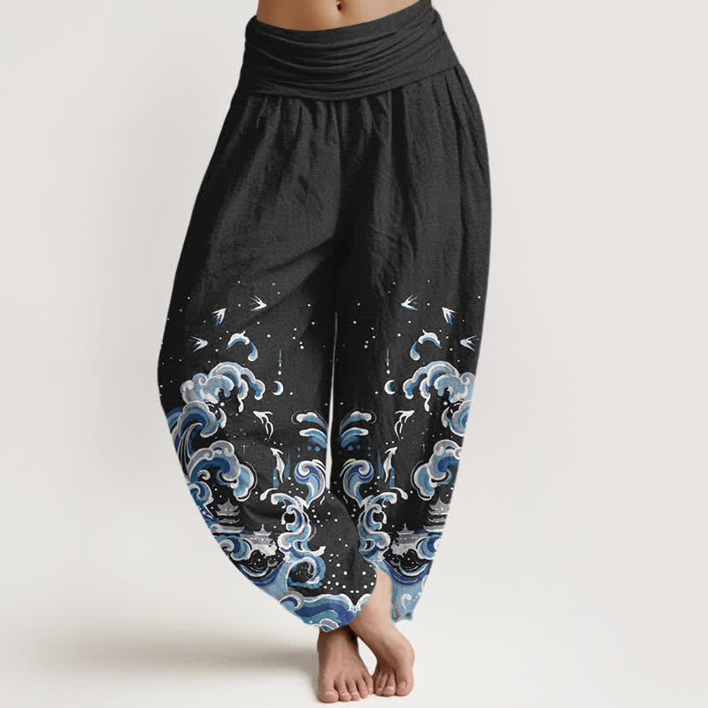 Buddha Stones Cotton Ocean Blue Wave Pattern Women's Elastic Waist Harem Pants - Black - US16，UK/AU20，EU48 (3XL) - image 0