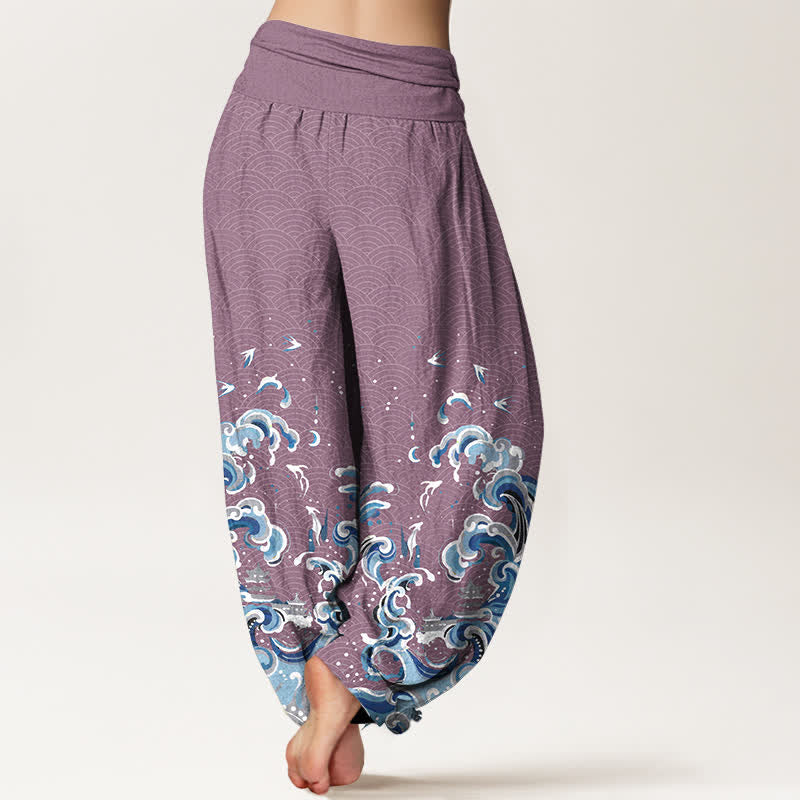 Buddha Stones Cotton Ocean Blue Wave Pattern Women's Elastic Waist Harem Pants - image 6
