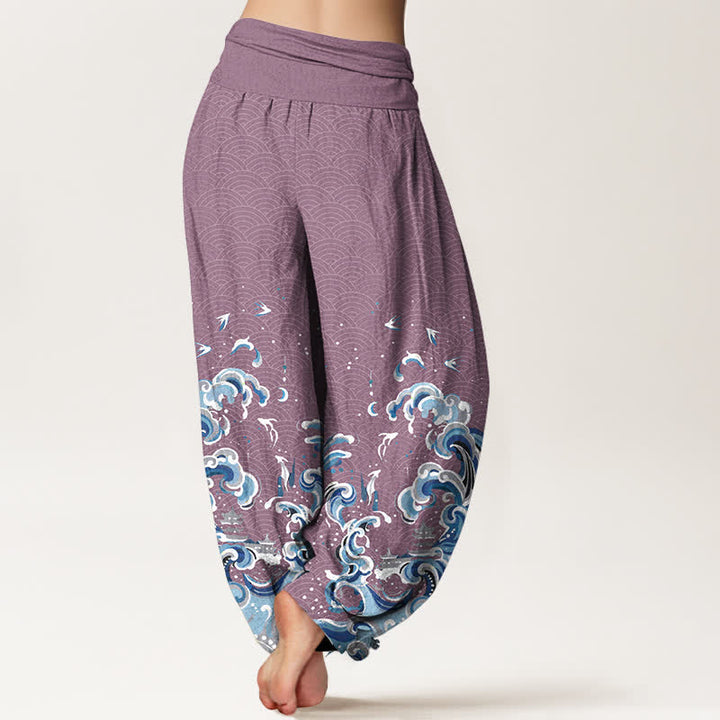 Buddha Stones Cotton Ocean Blue Wave Pattern Women's Elastic Waist Harem Pants - image 6