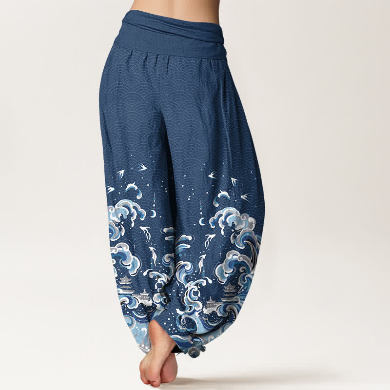 Buddha Stones Cotton Ocean Blue Wave Pattern Women's Elastic Waist Harem Pants - image 9