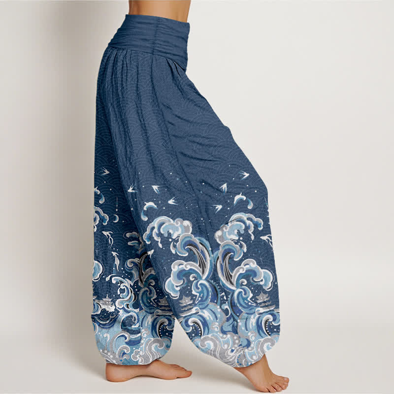 Buddha Stones Cotton Ocean Blue Wave Pattern Women's Elastic Waist Harem Pants - image 10
