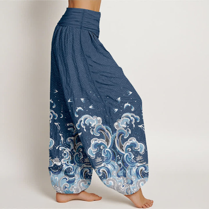 Buddha Stones Cotton Ocean Blue Wave Pattern Women's Elastic Waist Harem Pants - image 10