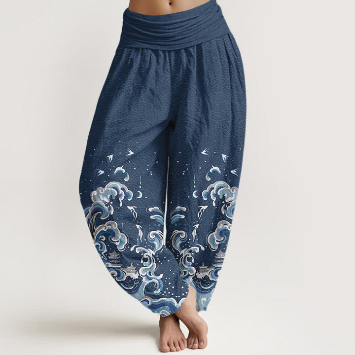 Buddha Stones Cotton Ocean Blue Wave Pattern Women's Elastic Waist Harem Pants - SteelBlue - US16，UK/AU20，EU48 (3XL) - image 8