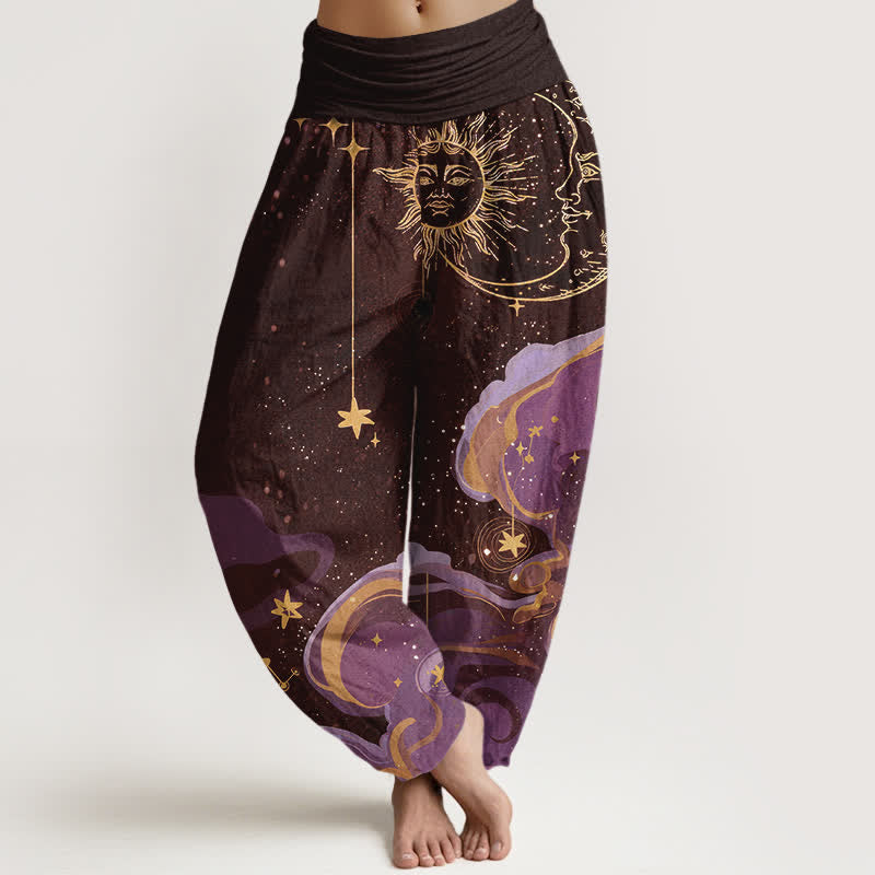 Buddha Stones Cotton Celestial Sun Moon & Star Wave Pattern Women's Elastic Waist Harem Pants - SaddleBrown - US16，UK/AU20，EU48 (3XL) - image 5