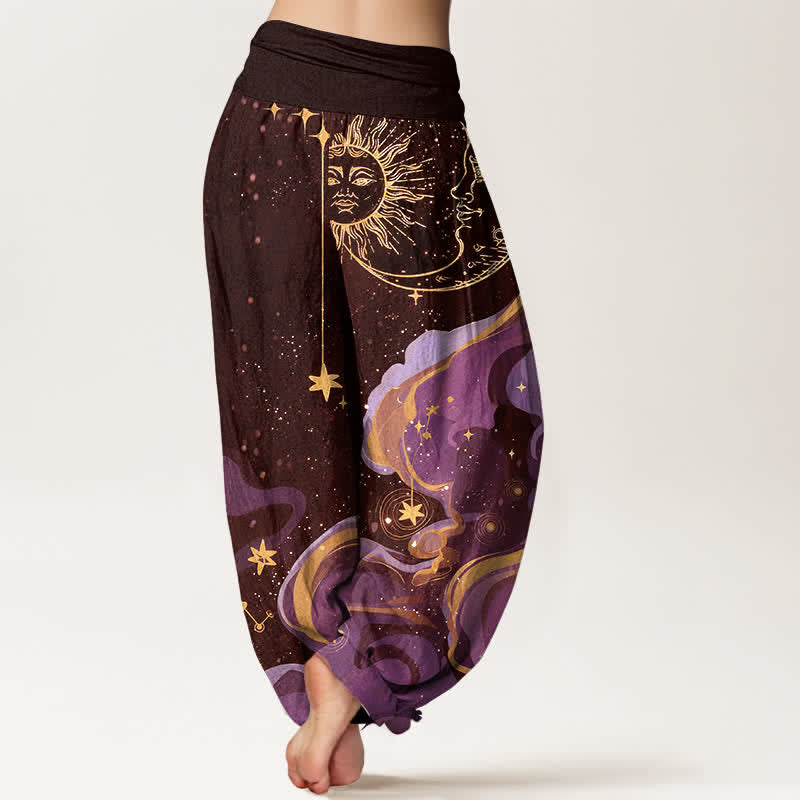 Buddha Stones Cotton Celestial Sun Moon & Star Wave Pattern Women's Elastic Waist Harem Pants - image 6