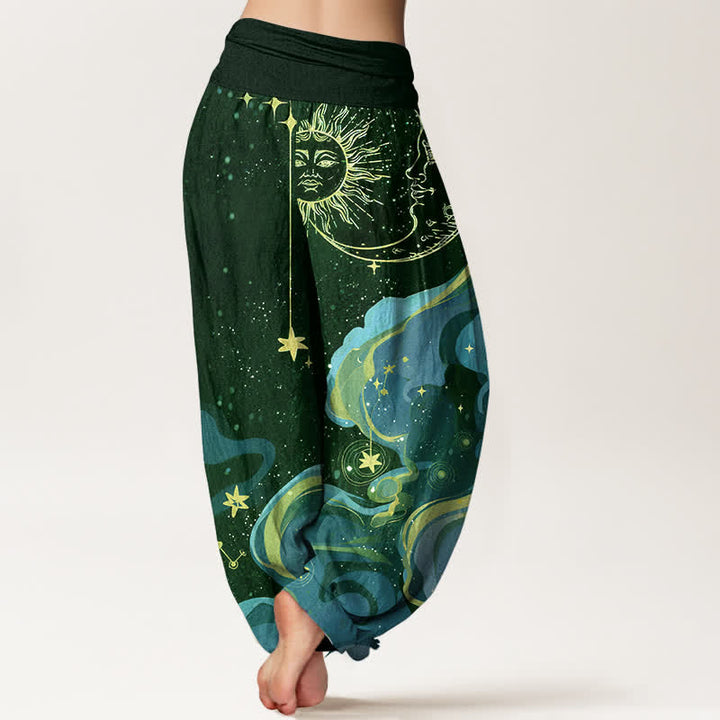Buddha Stones Cotton Celestial Sun Moon & Star Wave Pattern Women's Elastic Waist Harem Pants - image 9