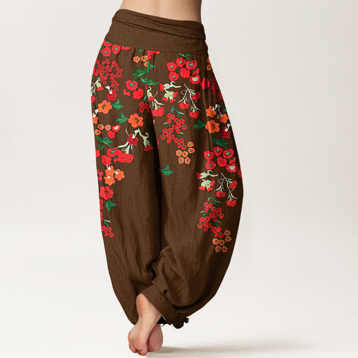 Buddha Stones Cotton Bohemian Red Floral Pattern Women's Elastic Waist Harem Pants - image 6