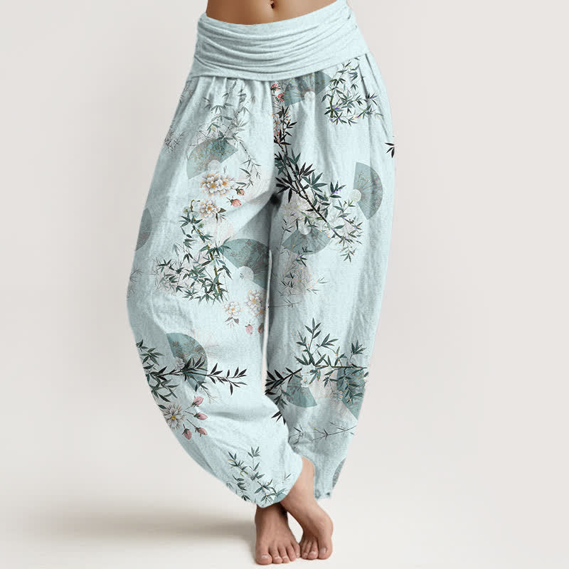 Buddha Stones Cotton Bamboo Blossom Fan Pattern Women's Elastic Waist Harem Pants - PaleTurquoise - US16，UK/AU20，EU48 (3XL) - image 0