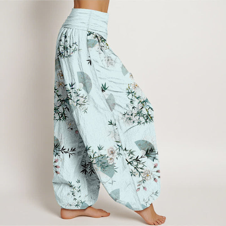 Buddha Stones Cotton Bamboo Blossom Fan Pattern Women's Elastic Waist Harem Pants - image 2