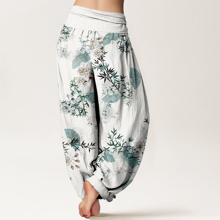 Buddha Stones Cotton Bamboo Blossom Fan Pattern Women's Elastic Waist Harem Pants - image 6