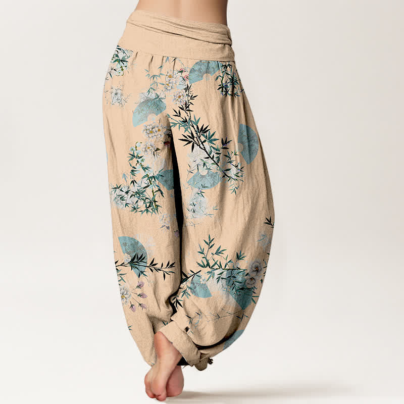 Buddha Stones Cotton Bamboo Blossom Fan Pattern Women's Elastic Waist Harem Pants - image 9