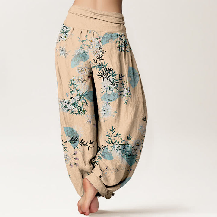 Buddha Stones Cotton Bamboo Blossom Fan Pattern Women's Elastic Waist Harem Pants - image 9